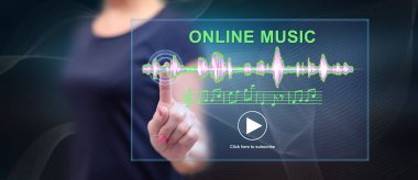 Bir online müzik kavramı onun parmak dokunmatik ekranlı cep bilgisayarlarda dokunmadan kadın