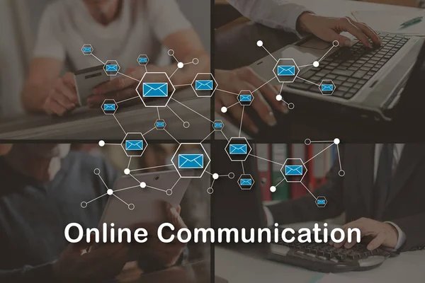 Online communication concept illustrated by pictures on background