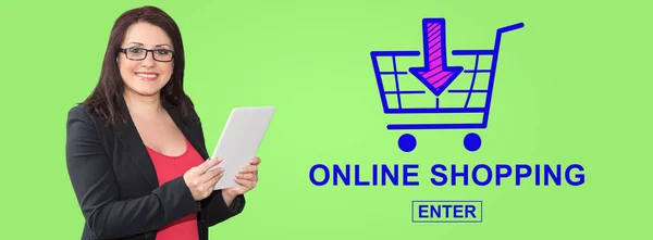 Vrouw Met Digitale Tablet Met Online Shopping Concept Achtergrond — Stockfoto