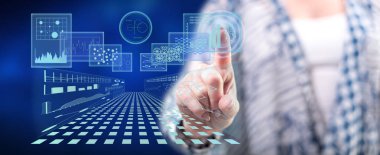 Bir iş dijital arabirimi kavramı onun parmak dokunmatik ekranlı cep bilgisayarlarda dokunmadan kadın