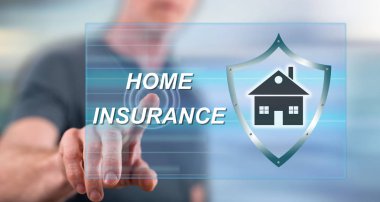 Bir ev sigorta kavramı onun parmak dokunmatik ekranlı cep bilgisayarlarda dokunmadan adam