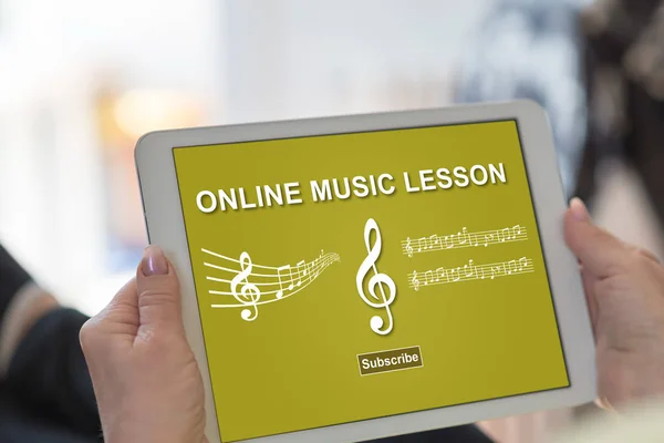 Tablet screen displaying an online music lesson concept