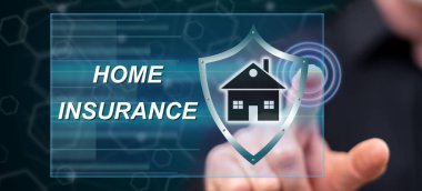 Bir ev sigorta kavramı onun parmak dokunmatik ekranlı cep bilgisayarlarda dokunmadan adam