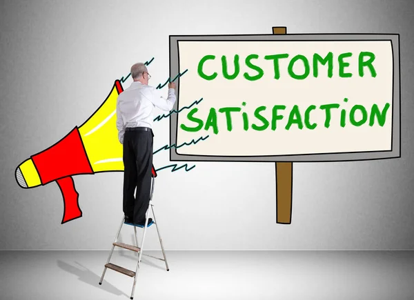 Man Ladder Drawing Customer Satisfaction Concept Wall — Stock Photo, Image