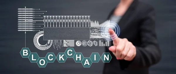 Woman touching a blockchain concept — Stock Photo, Image