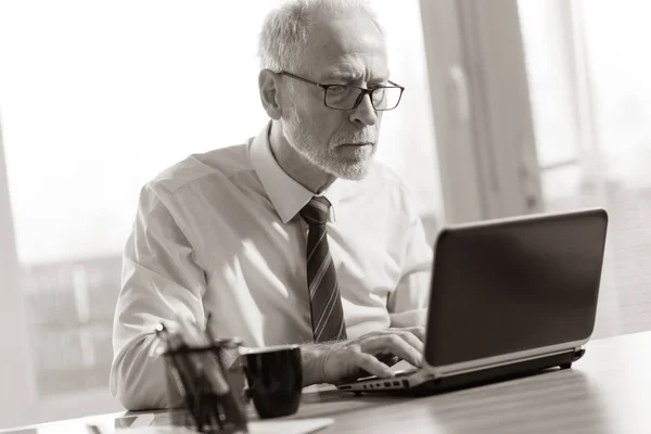 Rijpe zakenman die op laptop, zwart-wit werkt — Stockfoto