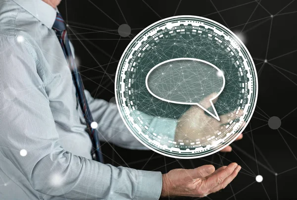 Globales Kommunikationskonzept über den Händen eines Mannes — Stockbild Konzept der globalen Kommunikation — Stockfoto