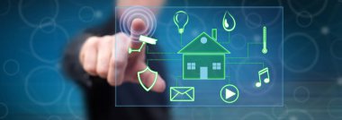 Adam bir dijital akıllı ev otomasyon kavramı dokunmadan