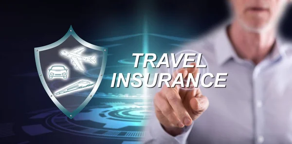 Man touching a travel insurance concept — Stock Photo, Image