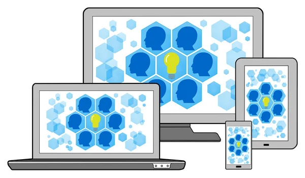 Conceito de ideia de trabalho em equipe em diferentes dispositivos — Fotografia de Stock