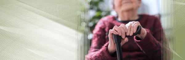 Stara kobieta z jej ręce na trzciny cukrowej. panoramiczne transparent — Zdjęcie stockowe