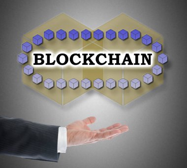 Blockchain teknoloji konsepti bir el üzerinde levitating