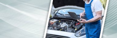 Makinist araba motoru kontrol etmek için dizüstü bilgisayar kullanarak. panoramik afiş