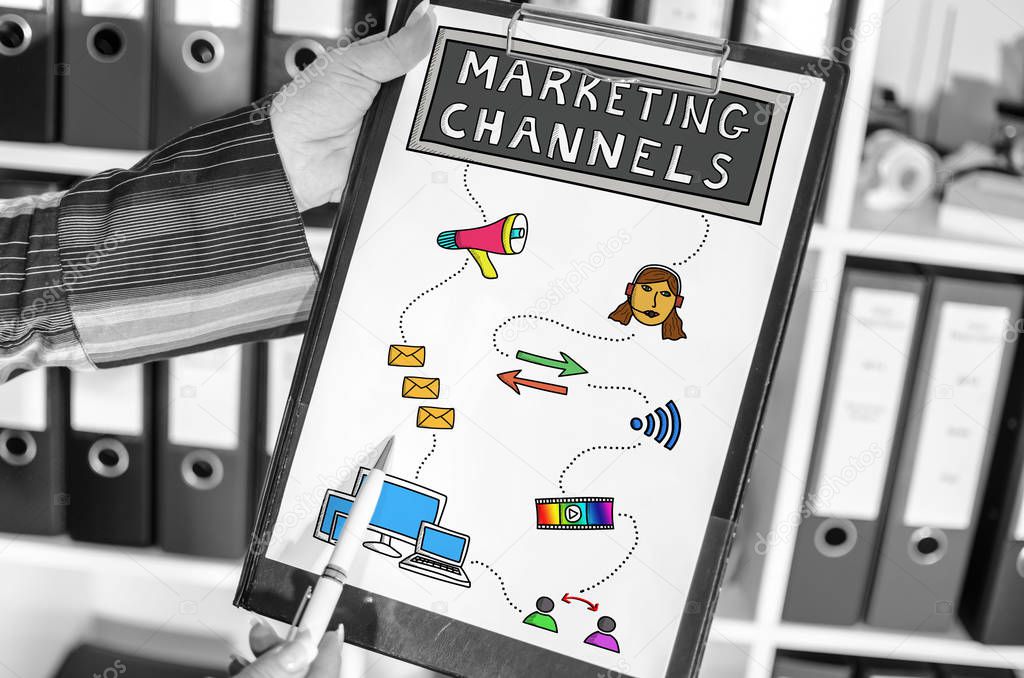 Marketing channels concept on a clipboard