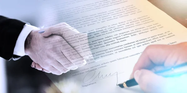 Hand signing a contract. Double exposure with hanshake — Stock Photo, Image