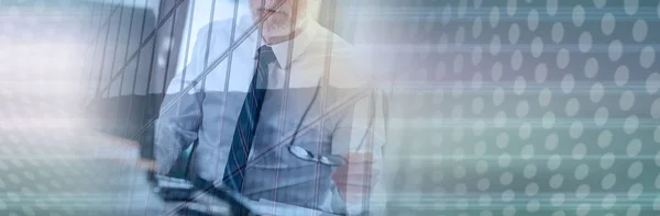 Senior business man sitting in office, double exposure, light eff — Foto de Stock