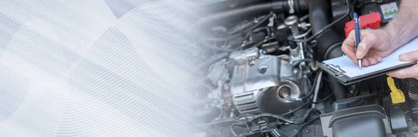 Автомеханічна перевірка автомобільного двигуна; панорамний банер — стокове фото