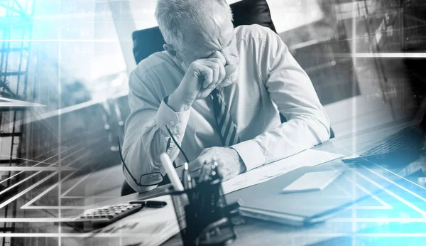 Retrato del hombre de negocios cansado; exposición múltiple — Foto de Stock