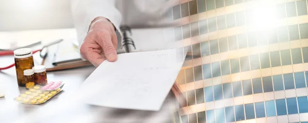 Hand of doctor giving a prescription; multiple exposure — Stock Photo, Image