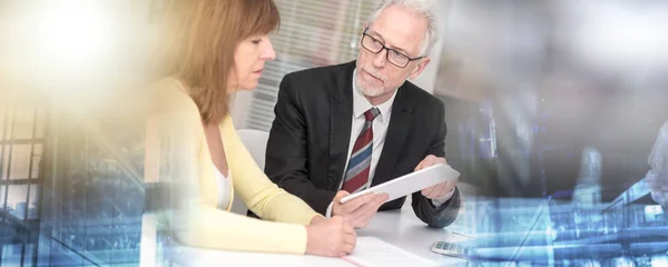 Woman meeting a consultant for advices; multiple exposure — Stock Photo, Image