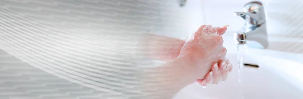 Woman rinsing her hands; panoramic banner — Stock Photo, Image