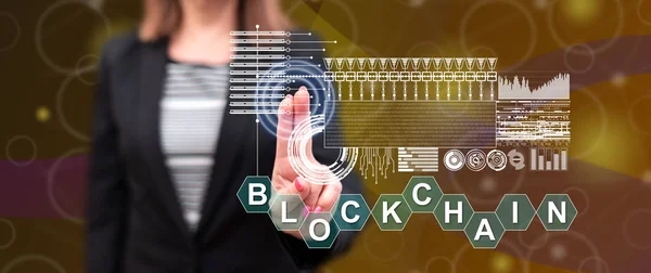 Woman touching a blockchain concept — Stock Photo, Image