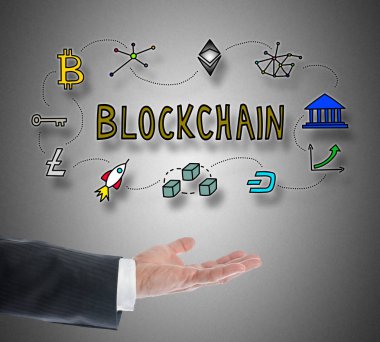 Blockchain teknoloji konsepti bir el üzerinde levitating