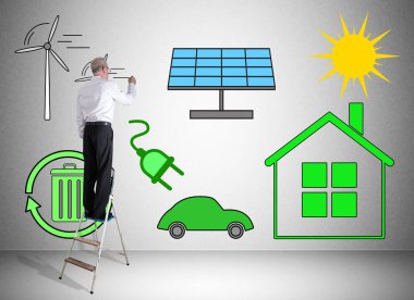 Merdivendeki bir adam tarafından çizilen temiz enerji konsepti