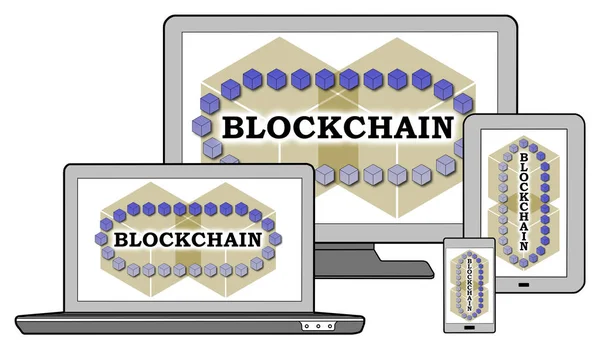Концепция технологии блокчейн на различных устройствах — стоковое фото