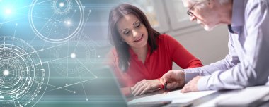 Ofiste çalışan iş adamları; panoramik afiş