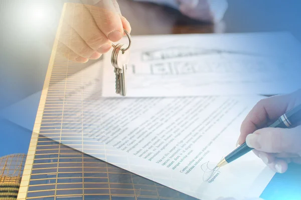 Woman signing a real estate contract; multiple exposure — Stock Photo, Image