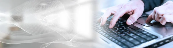 Male hands using a laptop; panoramic banner — Stock Photo, Image