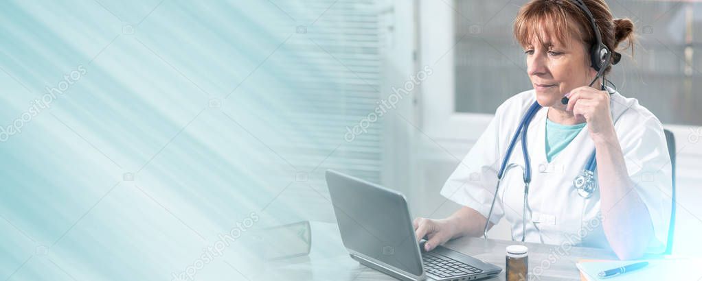 Portrait of female doctor during online medical consultation; pa
