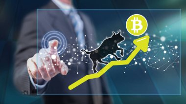 Bitcoin boğa trendi konseptine dokunan adam