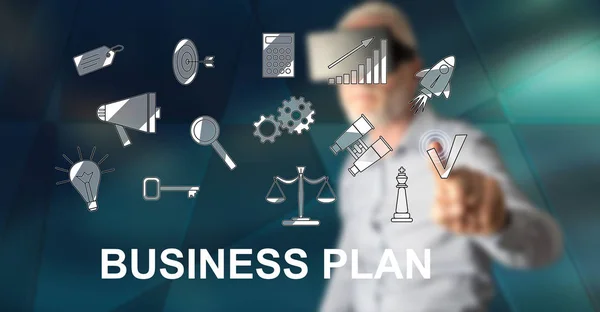 Человек, касающийся концепции бизнес-плана — стоковое фото