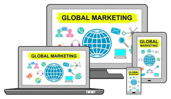 Conceito Marketing Global Diferentes Dispositivos Isolados Branco — Fotografia de Stock