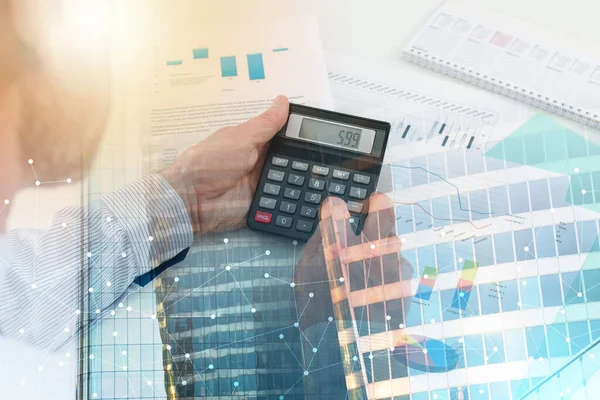 Businessman Checking Financial Graphs Office Multiple Exposure — Stock Photo, Image