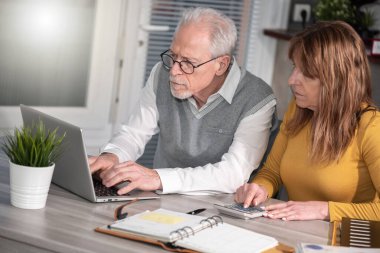Ofiste dizüstü bilgisayarda çalışan iki yetişkin iş arkadaşı.