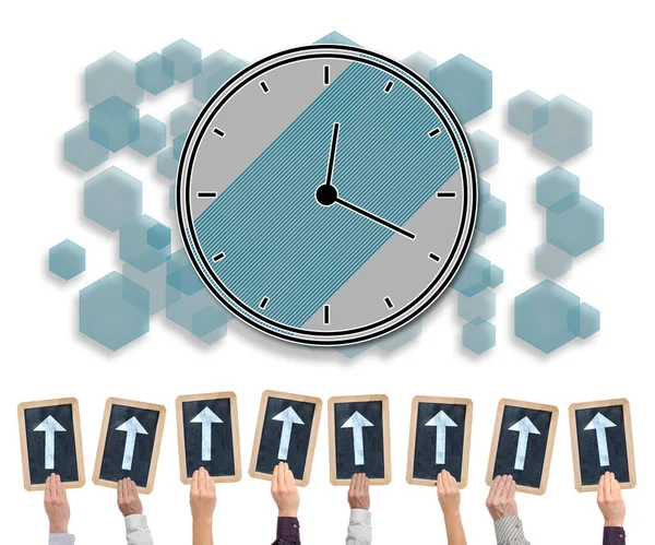 Hands Holding Writing Slates Arrows Pointing Time Management Concept — Stock Photo, Image