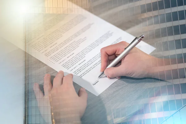 Woman Hands Signing Contract Multiple Exposure — Stock Photo, Image