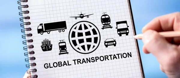 Ręczne Rysowanie Globalnej Koncepcji Transportu Notatniku — Zdjęcie stockowe