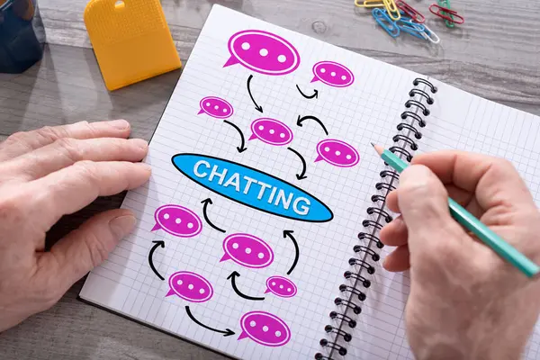 Concetto Chat Disegnato Blocco Note Posizionato Una Scrivania — Foto Stock