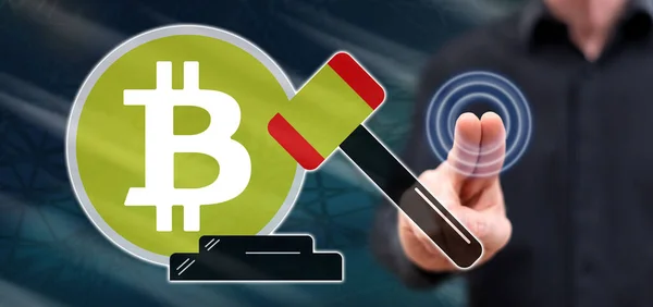 Homem Tocando Conceito Regulação Bitcoin Uma Tela Toque Com Dedos — Fotografia de Stock