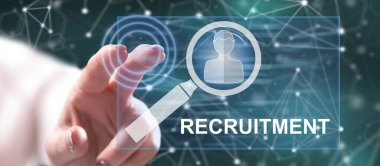 Kadın dokunmatik ekranda işe alım konseptine parmağıyla dokunuyor.