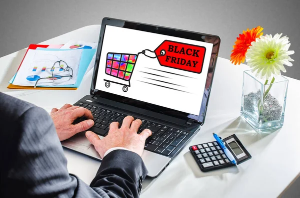 Man Typing Laptop Showing Black Friday Concept — Stock Photo, Image