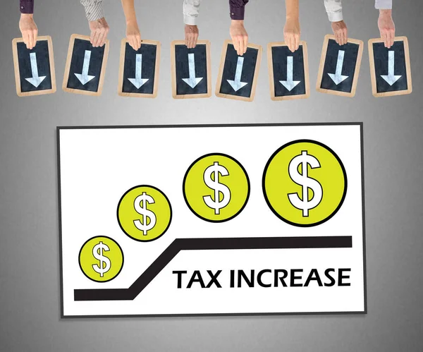 Hands holding writing slates with arrows pointing on tax increase concept