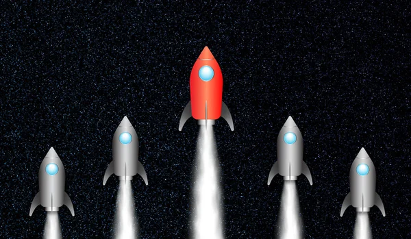 Vörös Rakéta Repül Élen Vezetés Siker Koncepciója Csillagos Égbolton — Stock Fotó