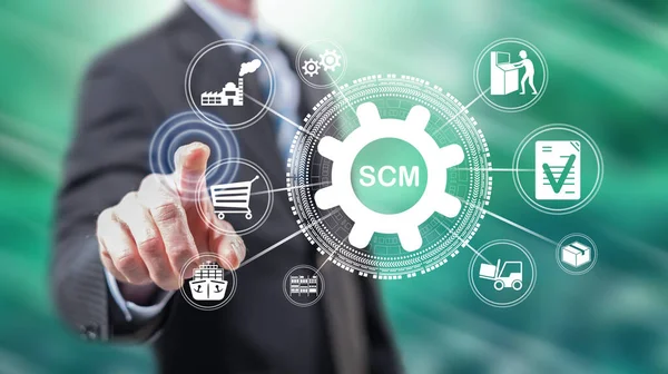 Man Touching Scm Concept Touch Screen His Fingers — Stock Photo, Image