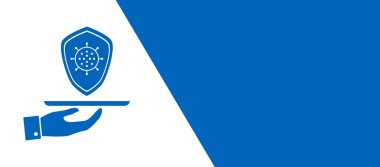 Sigorta konsepti, mavi ve beyaz arka plandaki salgının yol açtığı sorunları kapsıyor. Uzayı kopyala Panoramik pankart