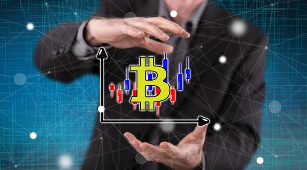 Bitcoin Handel Concept Tussen Handen Van Een Man Achtergrond — Stockfoto